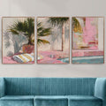 Palm Springs Poolside Wall Art Set of 3 | Tropical Summer Triptych Prints | Pink Palm Tree Coastal Decor for Living Room