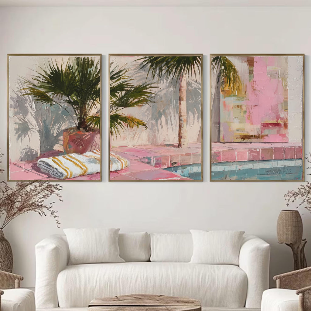 Palm Springs Poolside Wall Art Set of 3 | Tropical Summer Triptych Prints | Pink Palm Tree Coastal Decor for Living Room