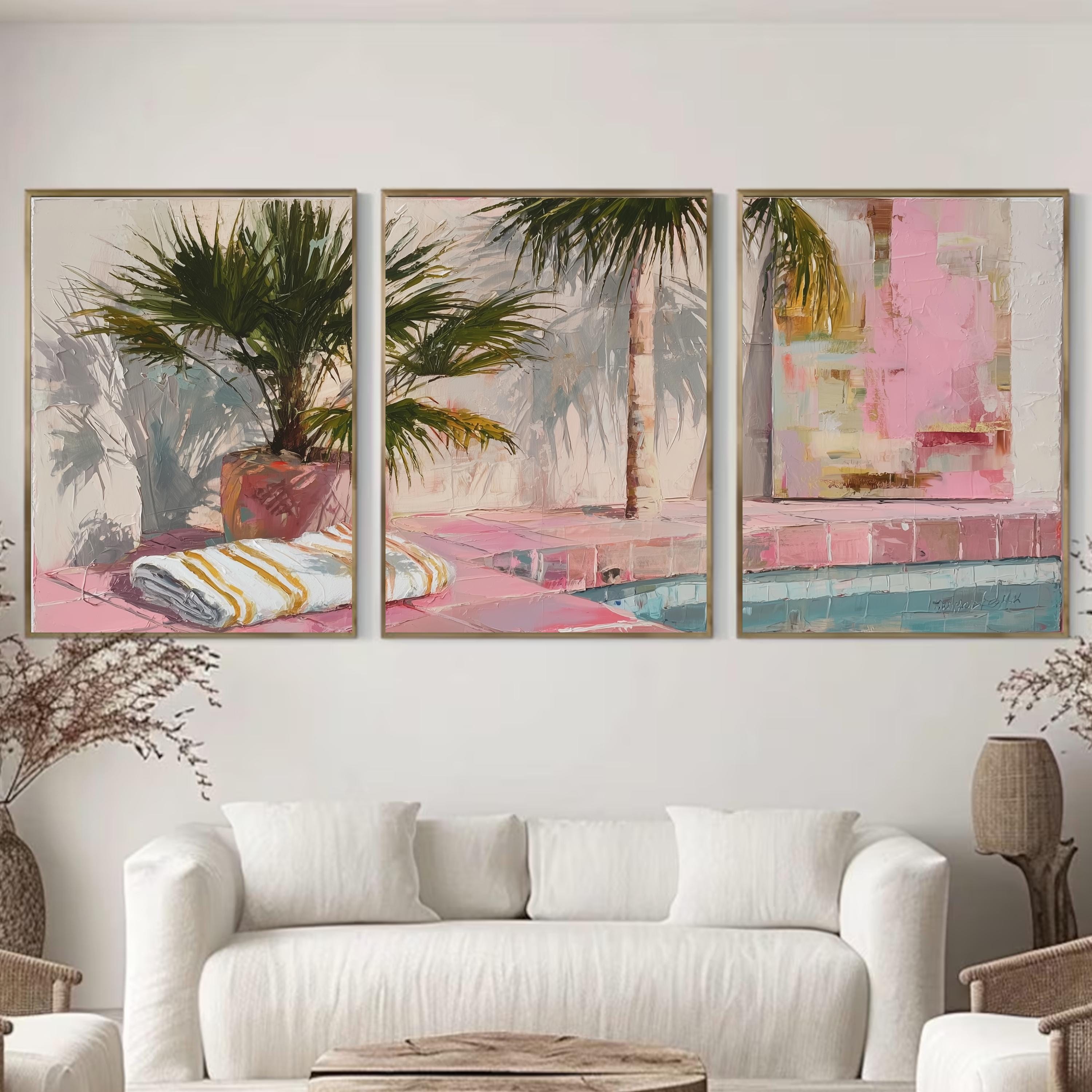 Palm Springs Poolside Wall Art Set of 3 | Tropical Summer Triptych Prints | Pink Palm Tree Coastal Decor for Living Room