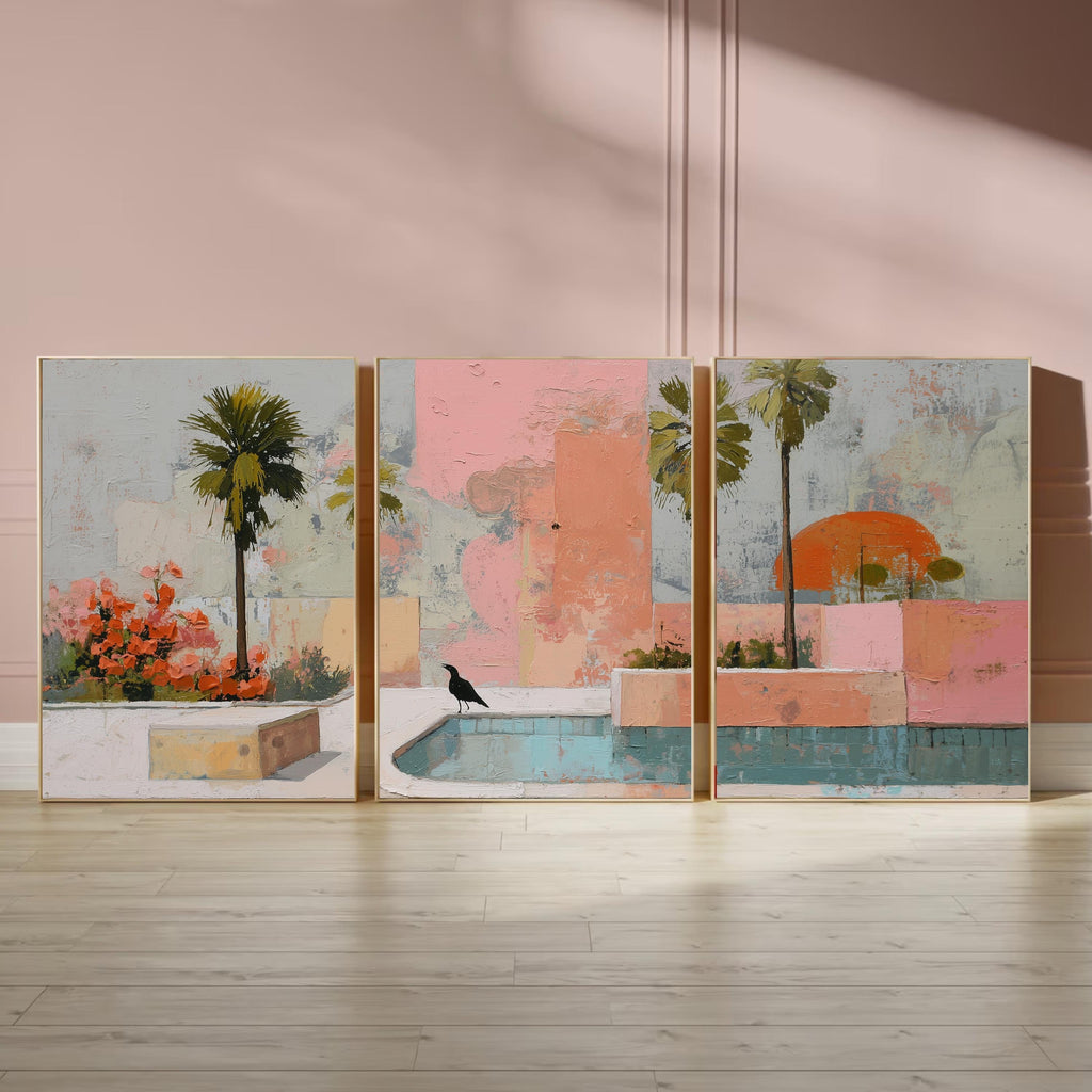 Palm Springs Retro Wall Art Set of 3 | Tropical Poolside Triptych Prints | Pastel Pink Palm Tree Coastal Decor