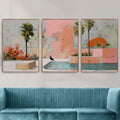 Palm Springs Retro Wall Art Set of 3 | Tropical Poolside Triptych Prints | Pastel Pink Palm Tree Coastal Decor