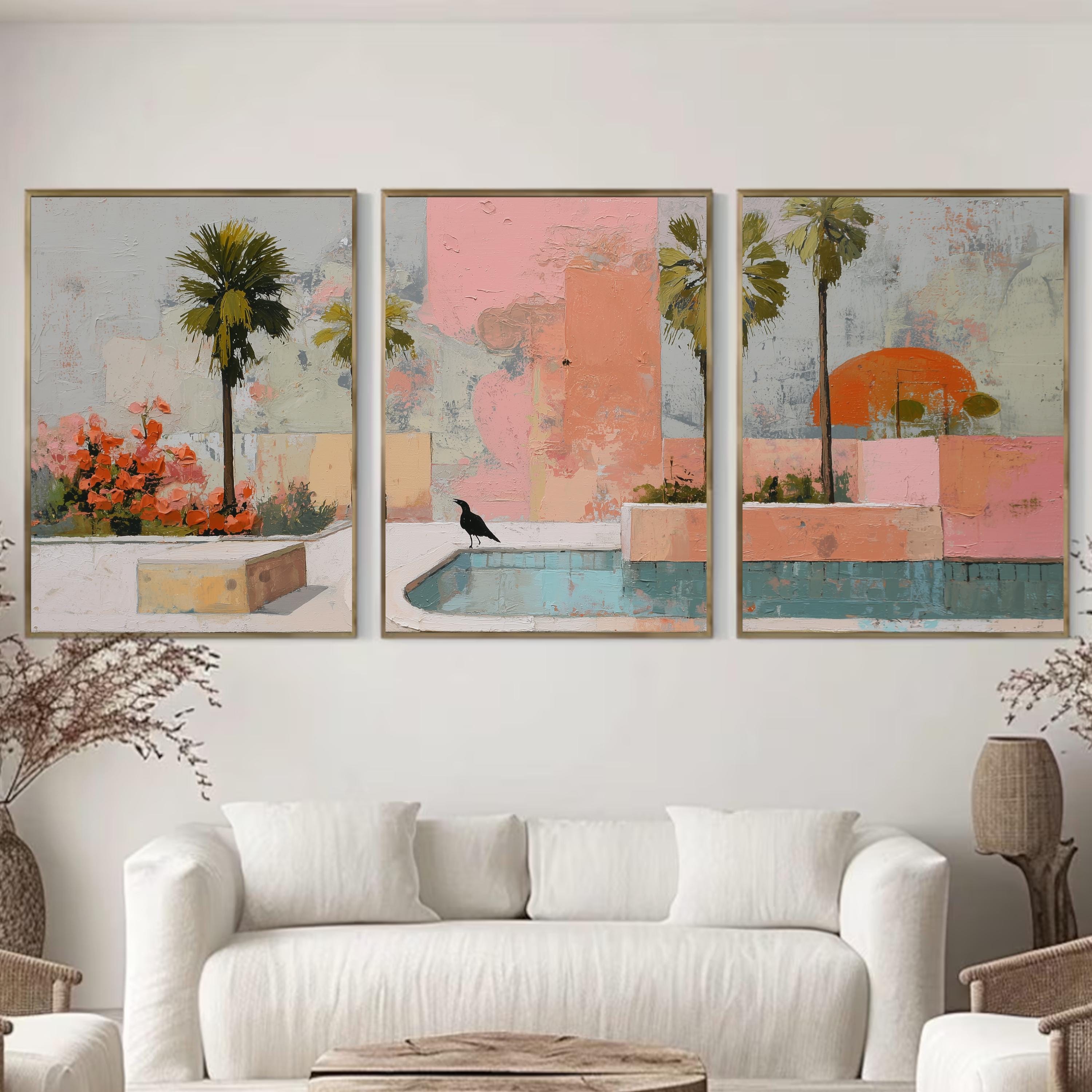 Palm Springs Retro Wall Art Set of 3 | Tropical Poolside Triptych Prints | Pastel Pink Palm Tree Coastal Decor