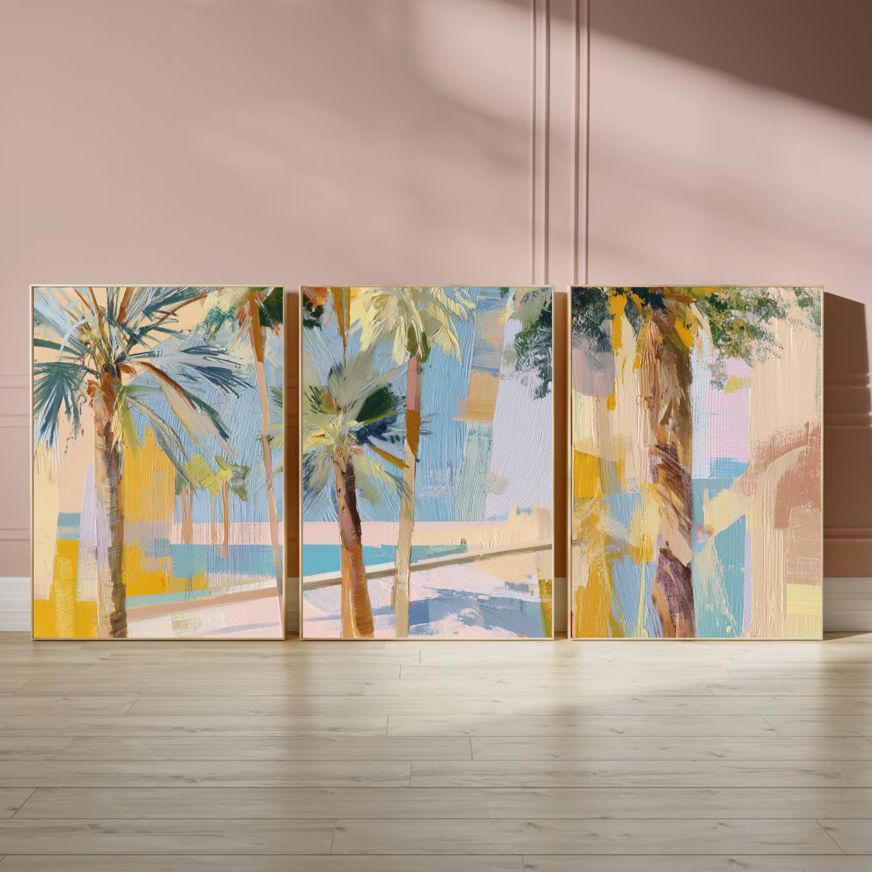 Tropical Palm Tree Wall Art Set of 3 | Coastal Summer Triptych Prints | Colorful Abstract Palm Springs Decor