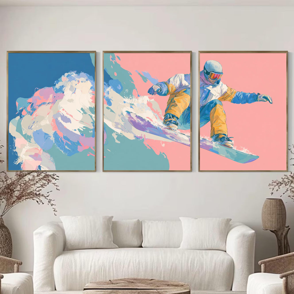 Snowboard Wall Art Set of 3 | Extreme Sports Triptych Prints | Colorful Snowboarding Artwork for Adventure Lovers
