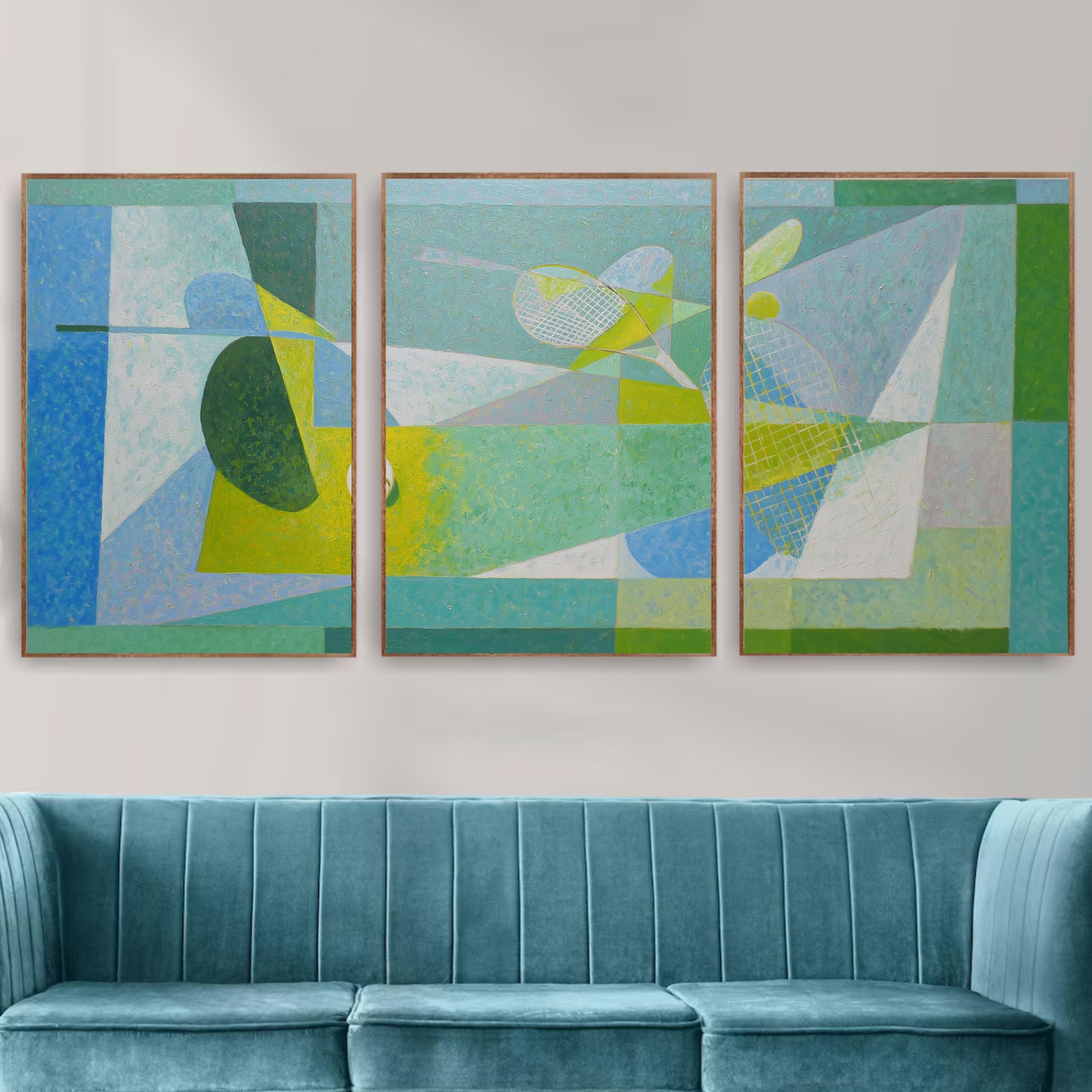 Tennis Wall Art Set of 3 | Abstract Sports Triptych Prints | Modern Geometric Tennis Artwork for Game Room or Office