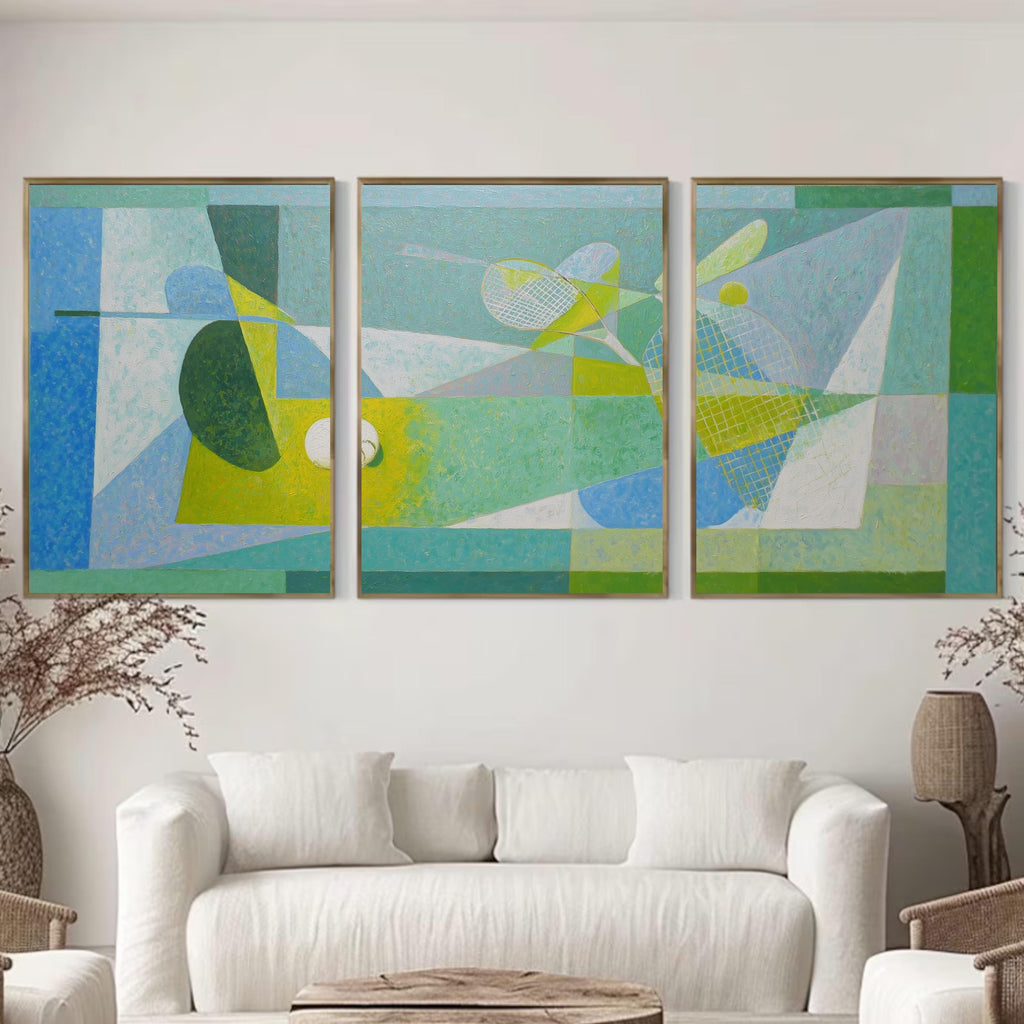 Tennis Wall Art Set of 3 | Abstract Sports Triptych Prints | Modern Geometric Tennis Artwork for Game Room or Office