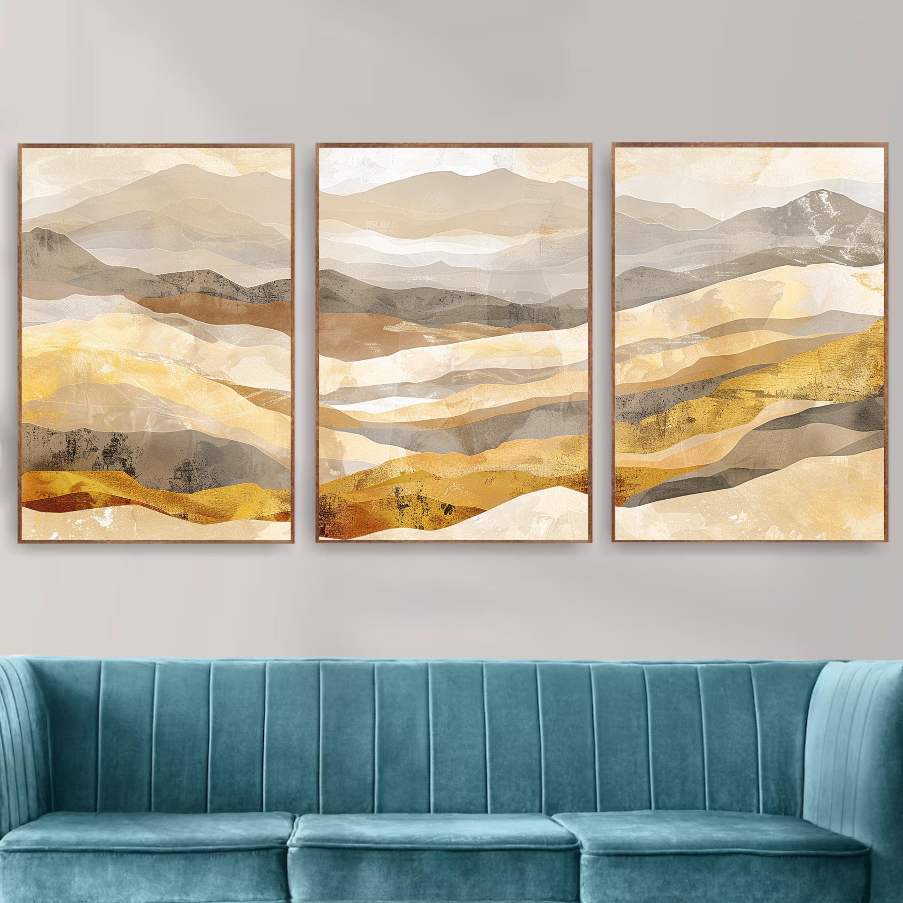 Golden Mountain Wall Art Set of 3 | Abstract Landscape Triptych Prints | Warm Earth Tone Modern Nature Decor
