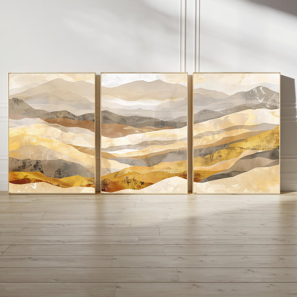 Golden Mountain Wall Art Set of 3 | Abstract Landscape Triptych Prints | Warm Earth Tone Modern Nature Decor
