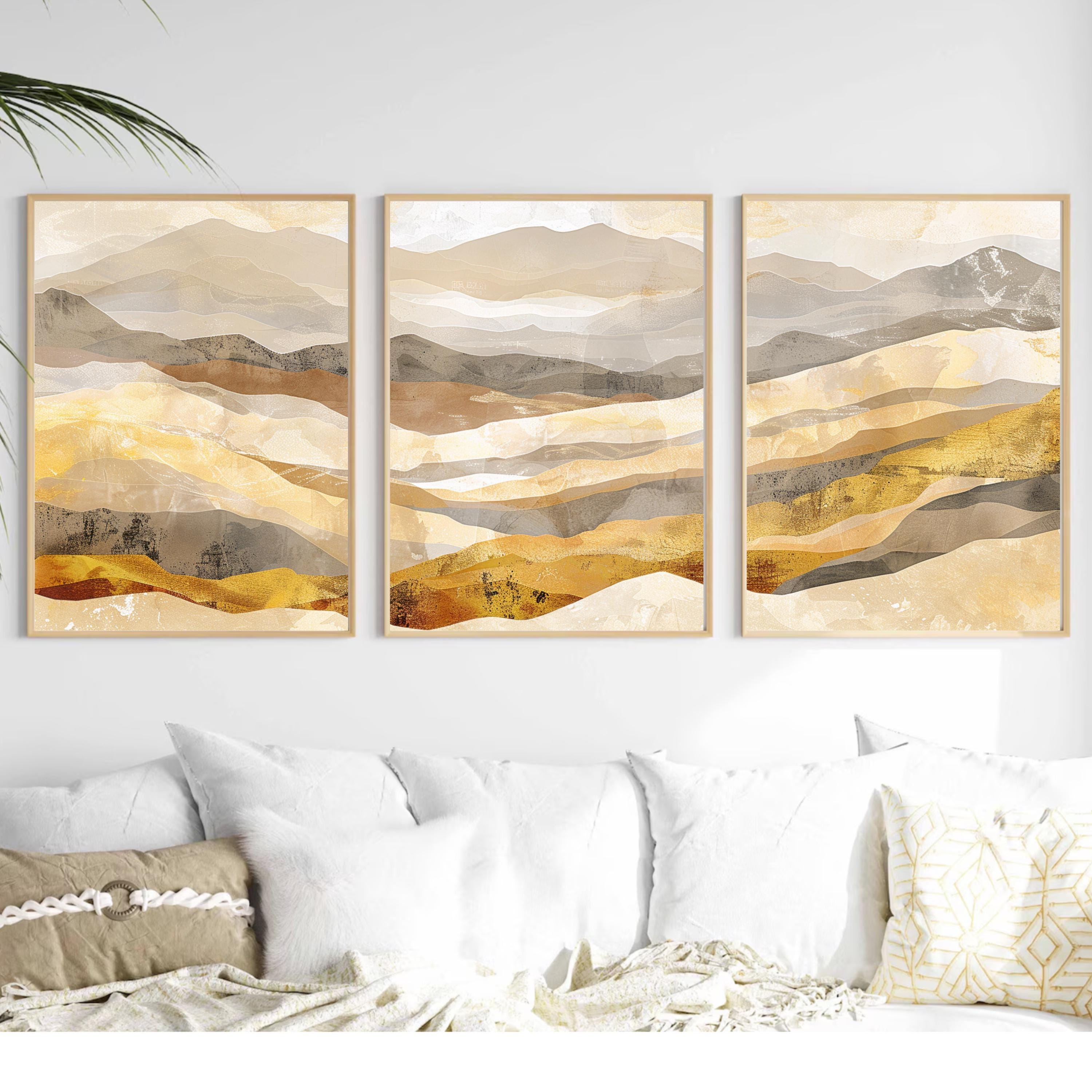 Golden Mountain Wall Art Set of 3 | Abstract Landscape Triptych Prints | Warm Earth Tone Modern Nature Decor