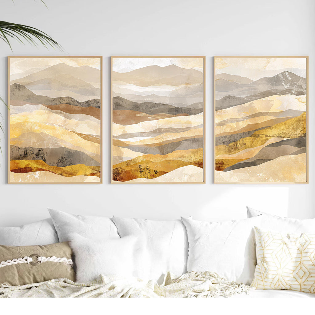 Golden Mountain Wall Art Set of 3 | Abstract Landscape Triptych Prints | Warm Earth Tone Modern Nature Decor