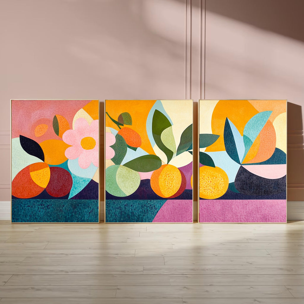 Abstract Fruit Wall Art Set of 3 | Colorful Modern Triptych Prints | Geometric Still Life Artwork for Kitchen or Dining Room