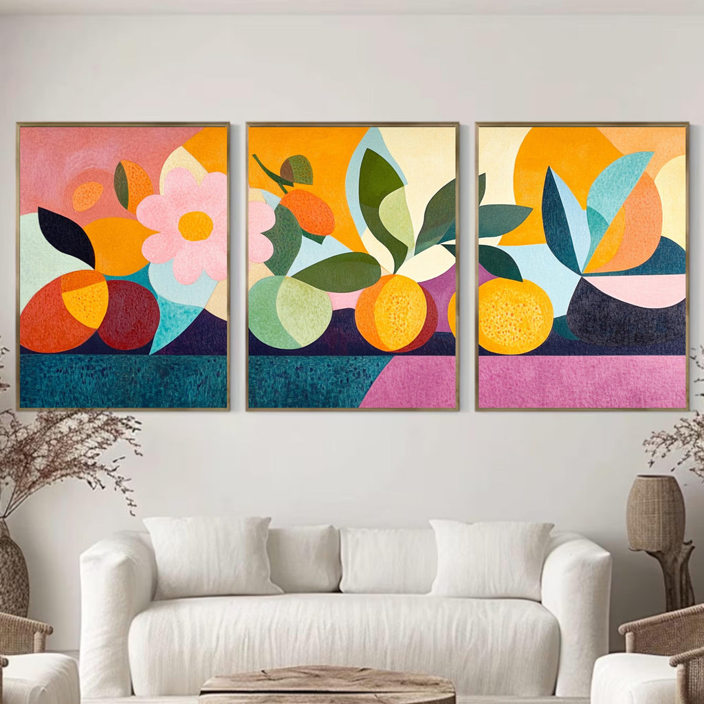 Abstract Fruit Wall Art Set of 3 | Colorful Modern Triptych Prints | Geometric Still Life Artwork for Kitchen or Dining Room