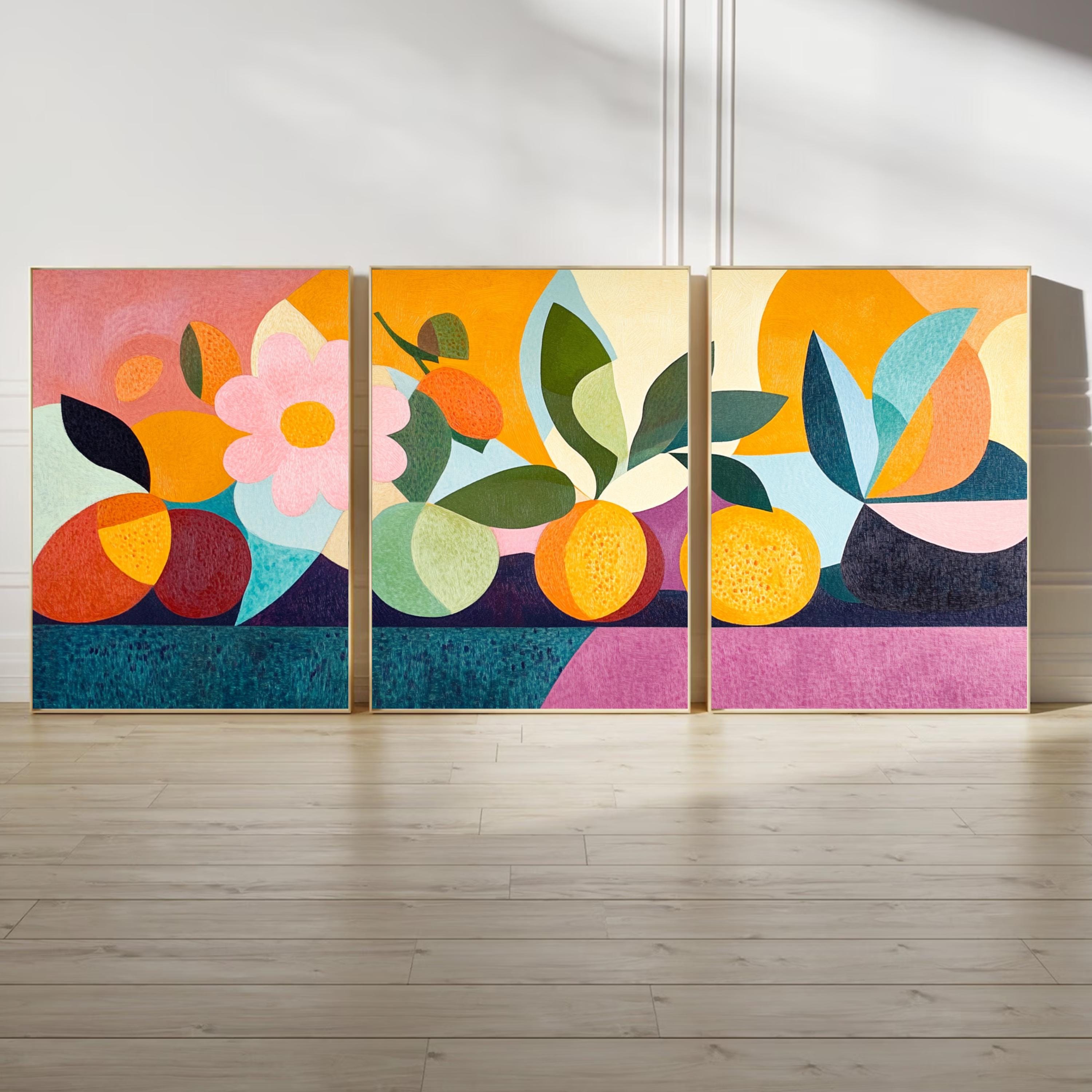 Abstract Fruit Wall Art Set of 3 | Colorful Modern Triptych Prints | Geometric Still Life Artwork for Kitchen or Dining Room