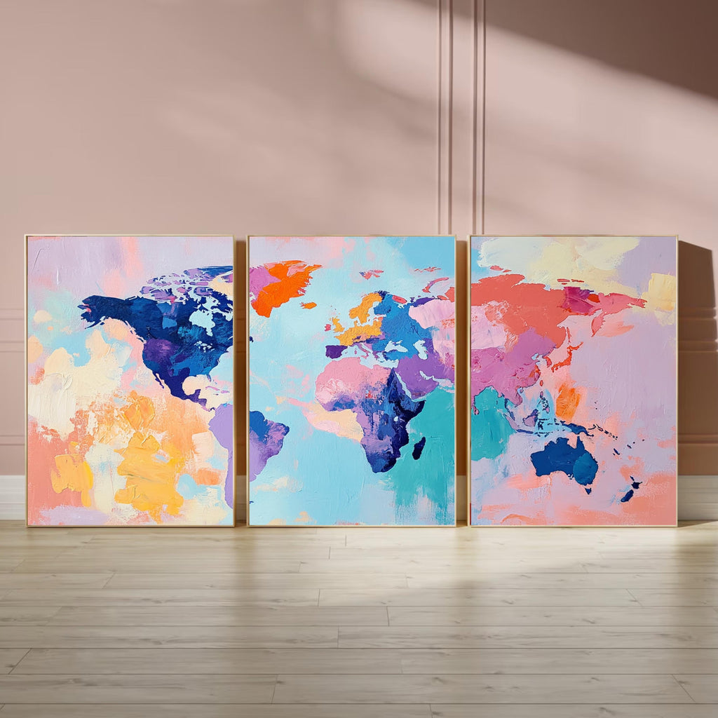 Colorful World Map Wall Art Set of 3 | Abstract Triptych Prints | Modern Travel Inspired Artwork for Home or Office