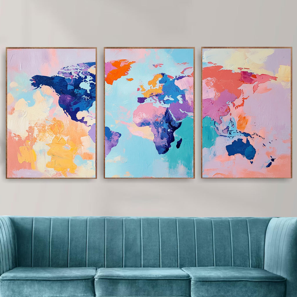 Colorful World Map Wall Art Set of 3 | Abstract Triptych Prints | Modern Travel Inspired Artwork for Home or Office