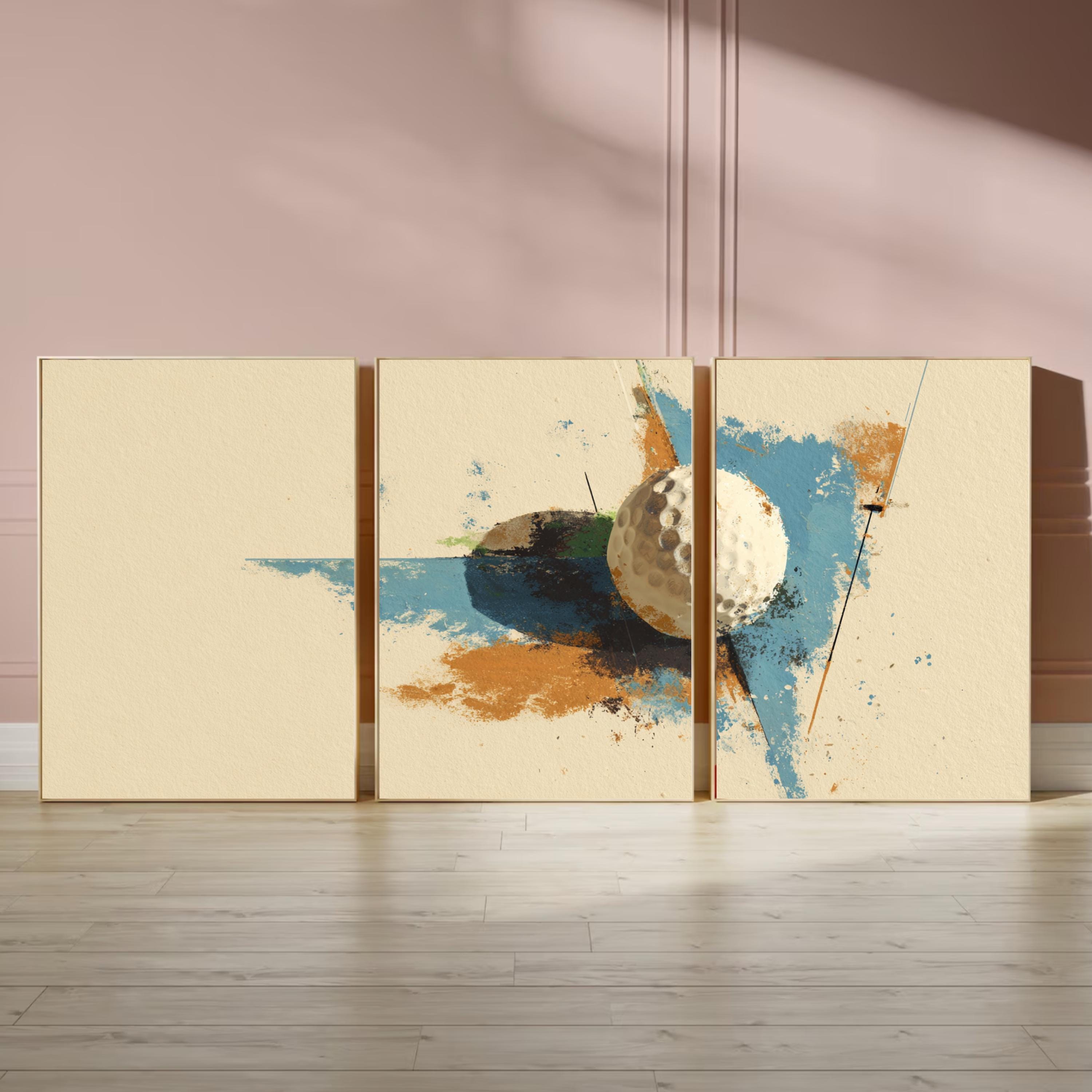 Golf Ball Wall Art Set of 3 | Abstract Sports Triptych Prints | Modern Golf Artwork for Living Room or Office