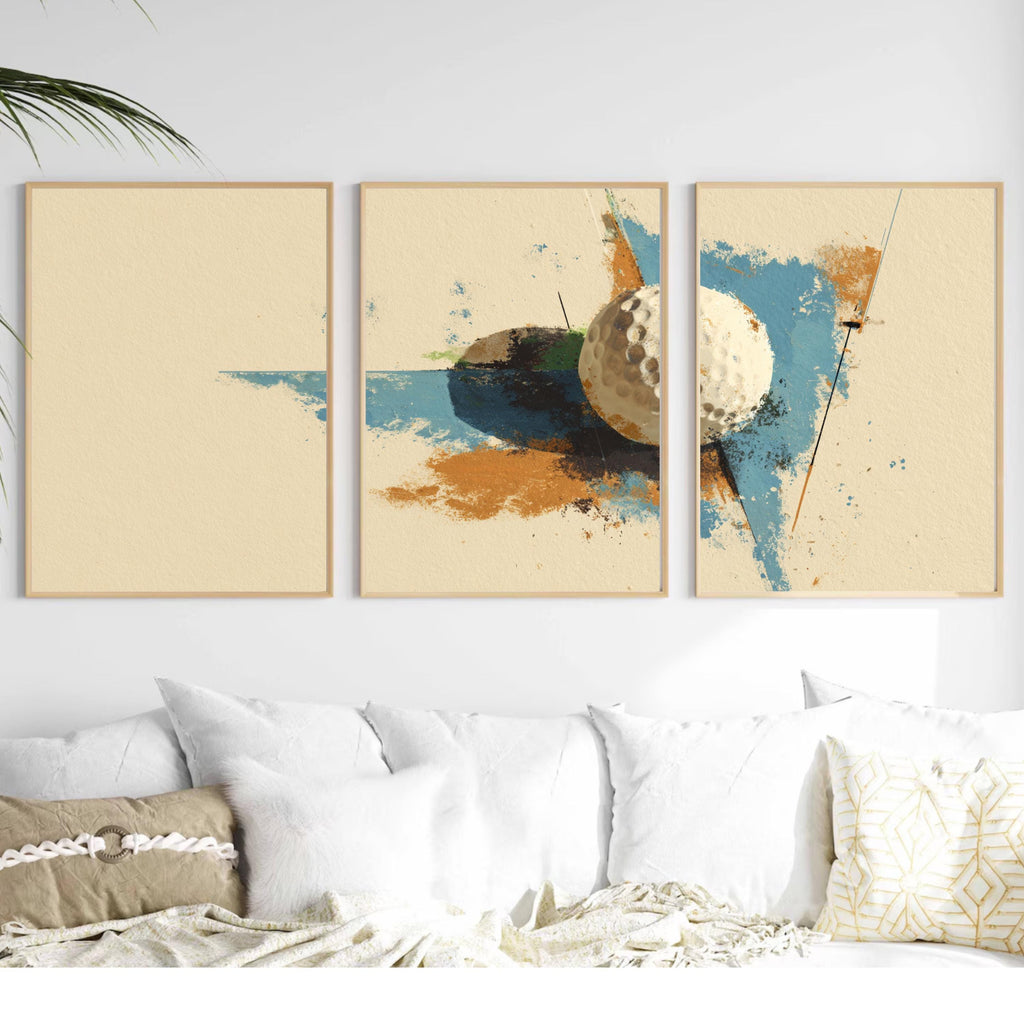 Golf Ball Wall Art Set of 3 | Abstract Sports Triptych Prints | Modern Golf Artwork for Living Room or Office