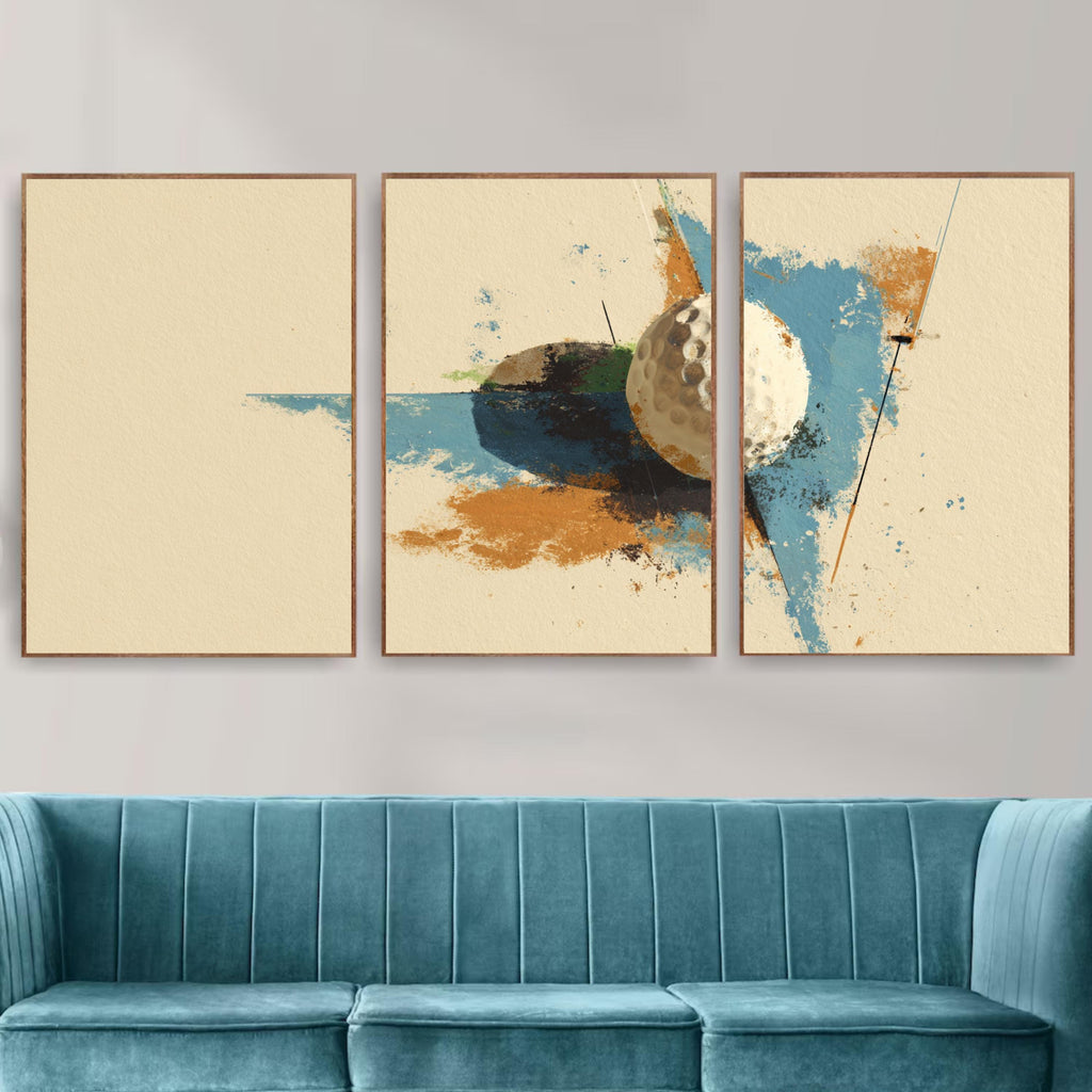 Golf Ball Wall Art Set of 3 | Abstract Sports Triptych Prints | Modern Golf Artwork for Living Room or Office