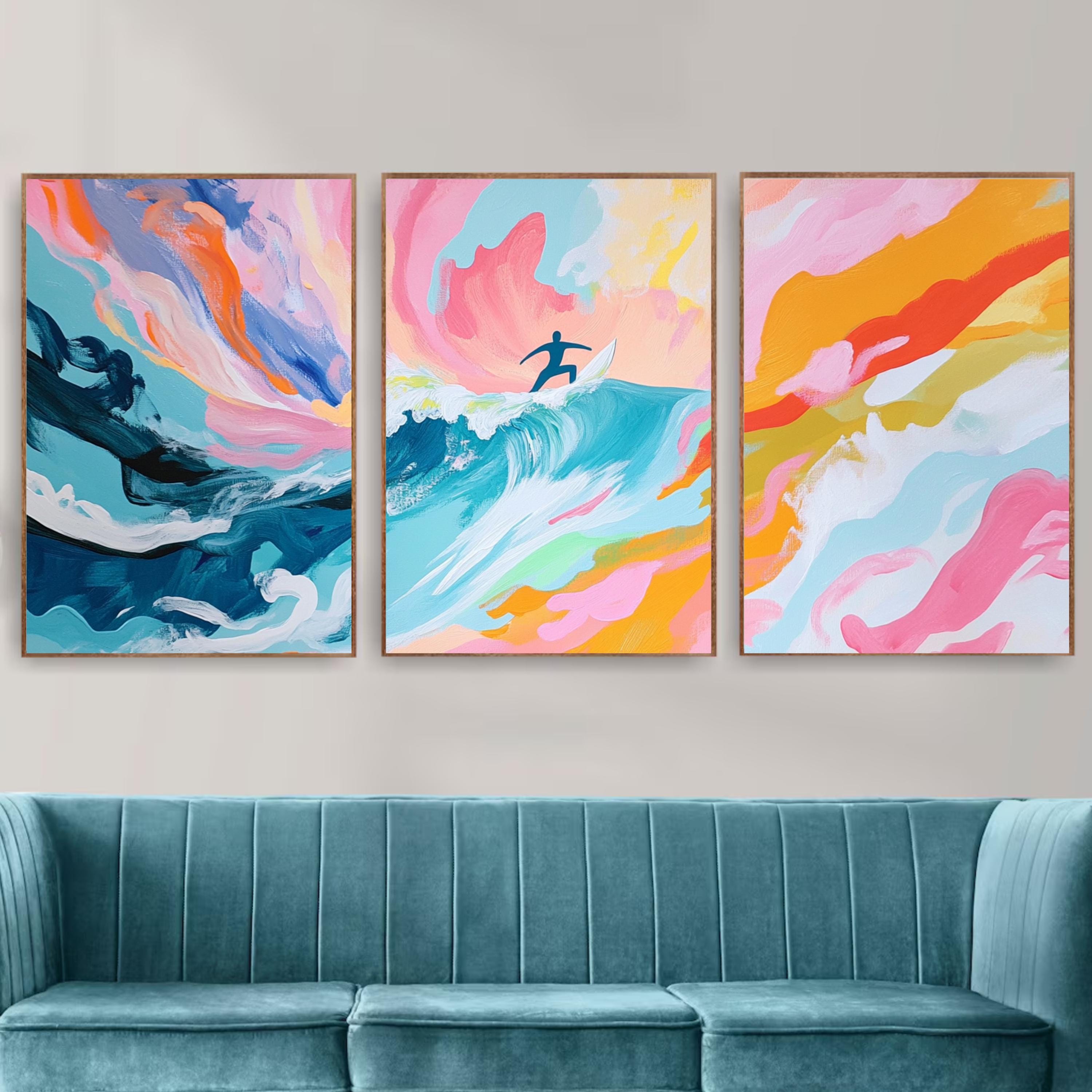 Surfer Wall Art Set of 3 | Abstract Ocean Wave Triptych | Colorful Surfing Artwork for Beach Lovers