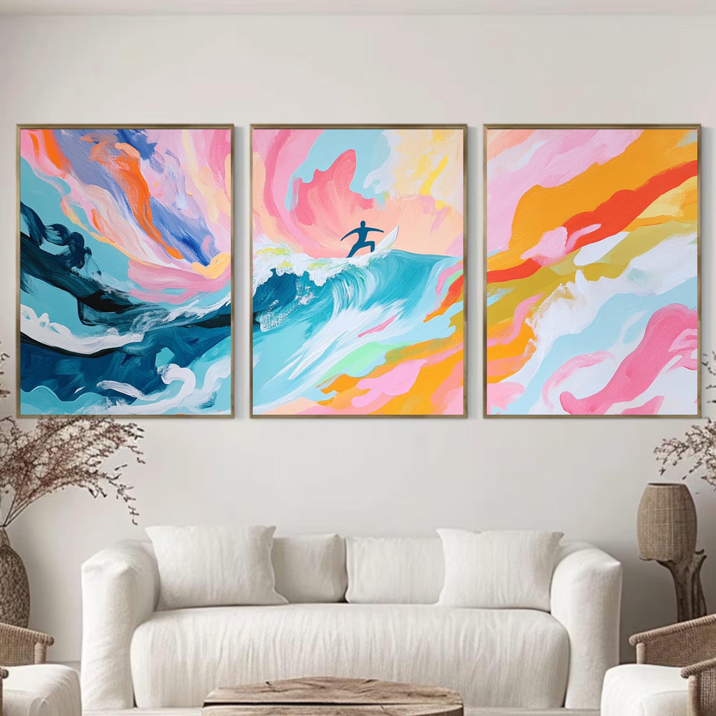 Surfer Wall Art Set of 3 | Abstract Ocean Wave Triptych | Colorful Surfing Artwork for Beach Lovers
