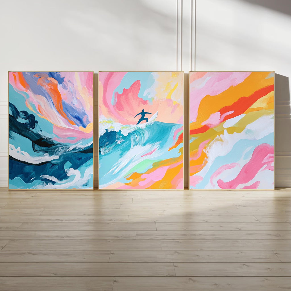 Surfer Wall Art Set of 3 | Abstract Ocean Wave Triptych | Colorful Surfing Artwork for Beach Lovers