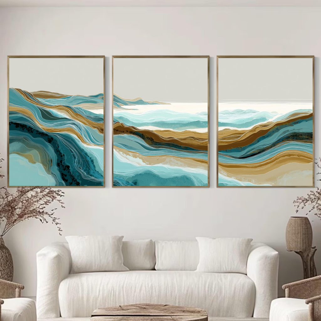Abstract Ocean Wave Wall Art Set of 3 | Coastal Landscape Triptych | Modern Teal and Beige Artwork
