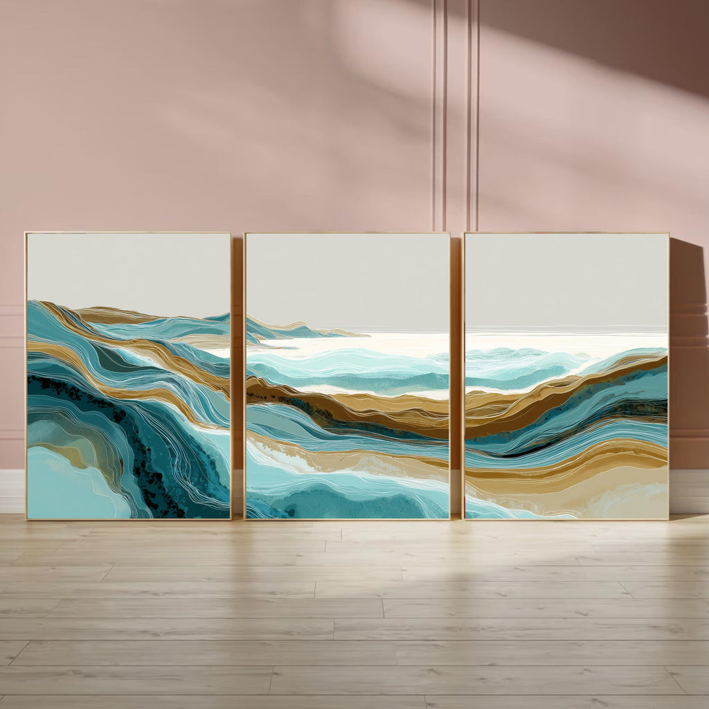 Abstract Ocean Wave Wall Art Set of 3 | Coastal Landscape Triptych | Modern Teal and Beige Artwork