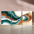 Emerald Earth Abstract Triptych | Geode Inspired Wall Art | Teal and Brown Modern Canvas Set