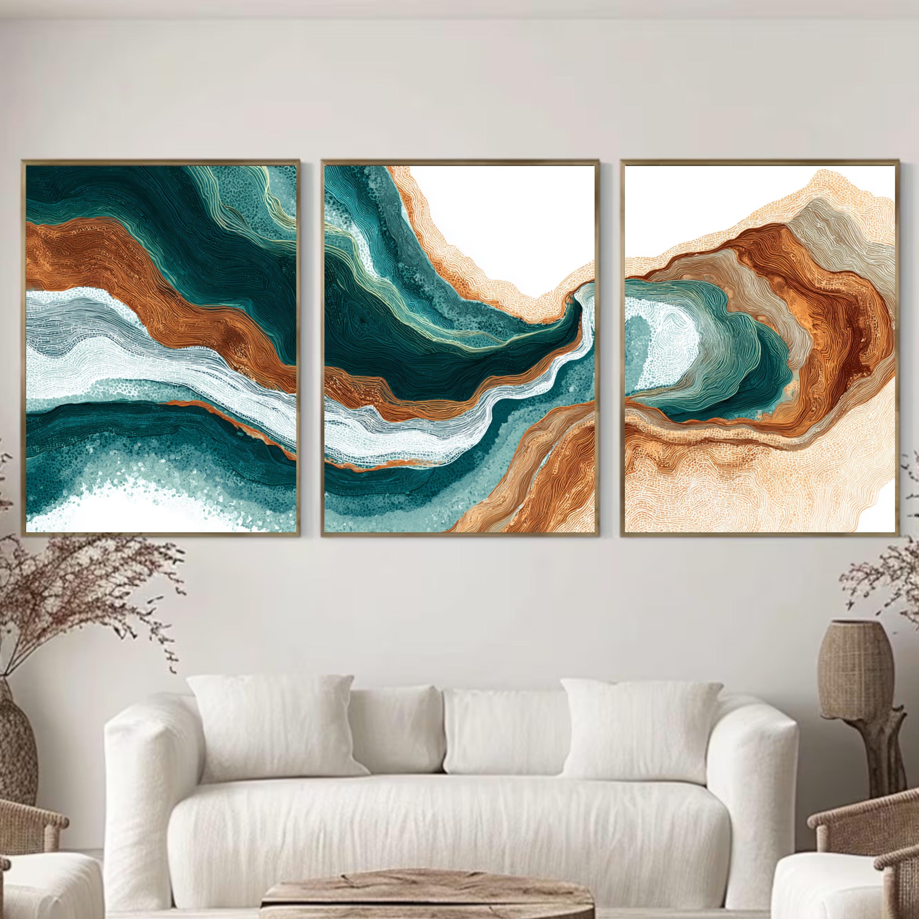 Emerald Earth Abstract Triptych | Geode Inspired Wall Art | Teal and Brown Modern Canvas Set