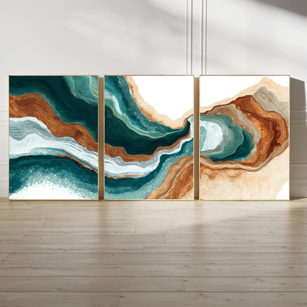 Emerald Earth Abstract Triptych | Geode Inspired Wall Art | Teal and Brown Modern Canvas Set