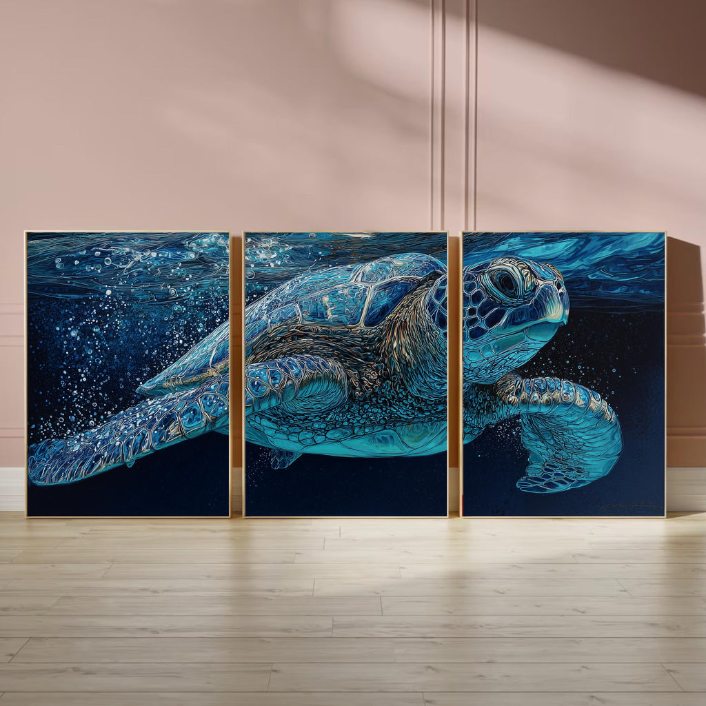 Sea Turtle Ocean Triptych | Underwater Marine Life Wall Art | Blue Coastal Canvas Set
