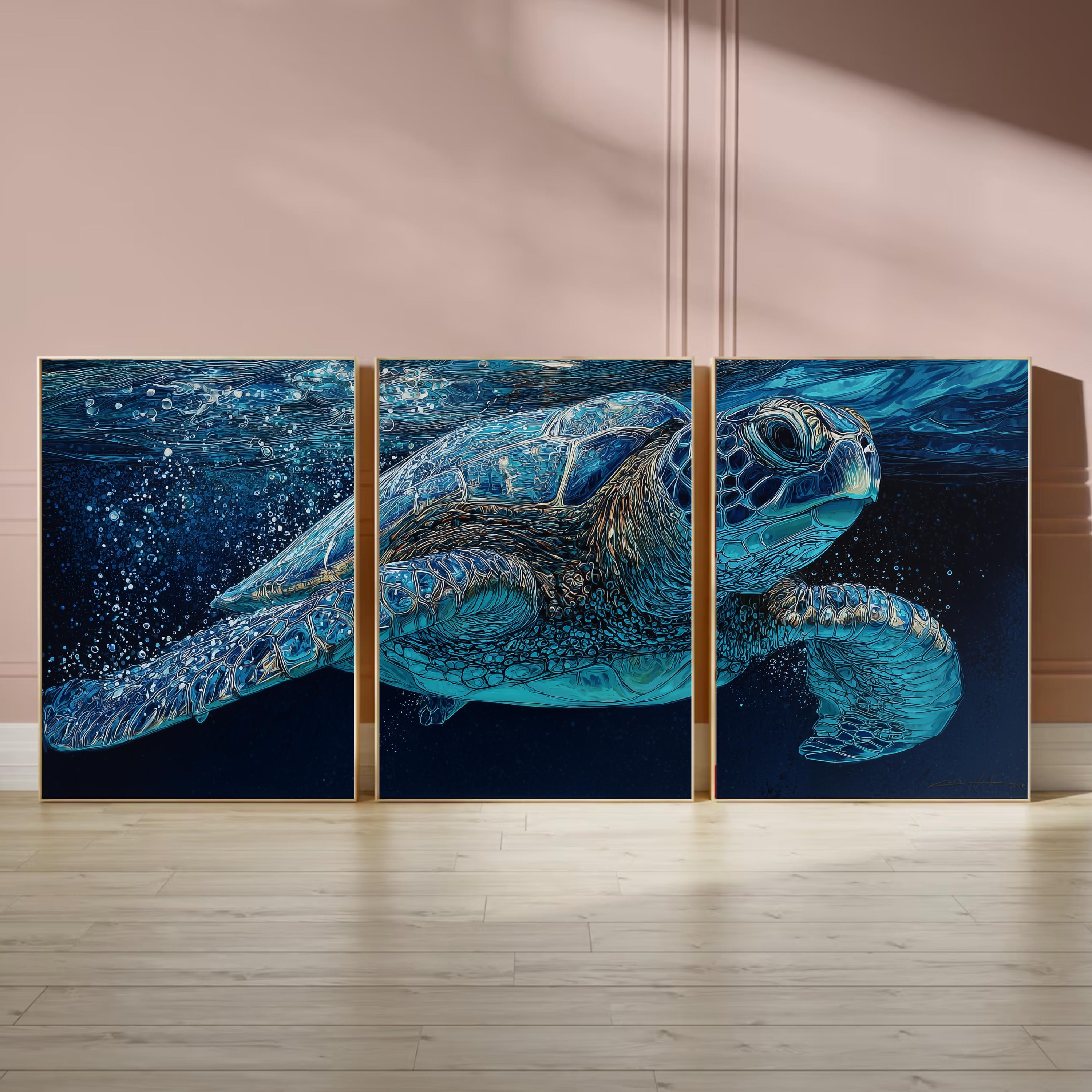 Sea Turtle Ocean Triptych | Underwater Marine Life Wall Art | Blue Coastal Canvas Set