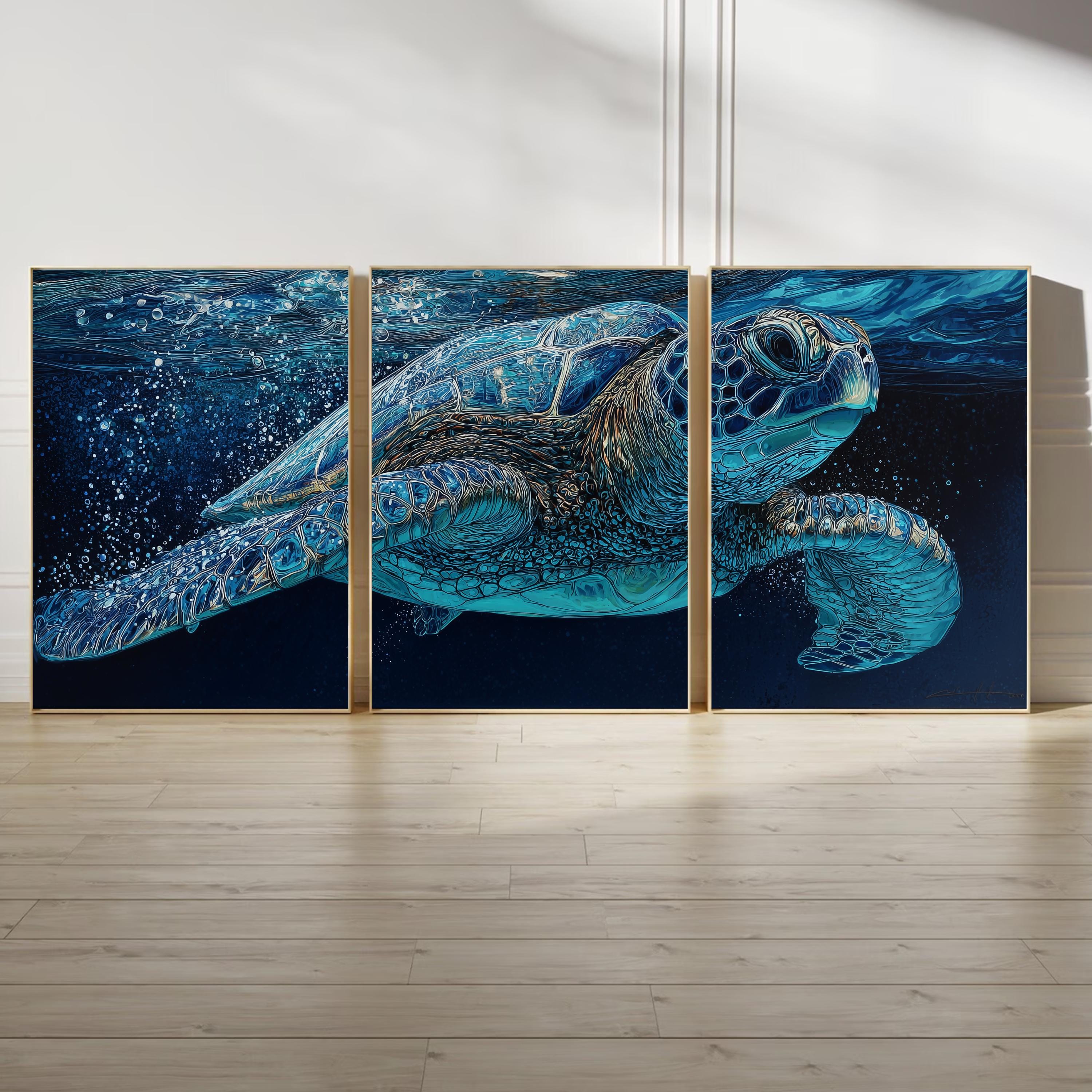 Sea Turtle Ocean Triptych | Underwater Marine Life Wall Art | Blue Coastal Canvas Set