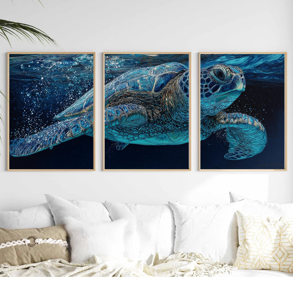 Sea Turtle Ocean Triptych | Underwater Marine Life Wall Art | Blue Coastal Canvas Set