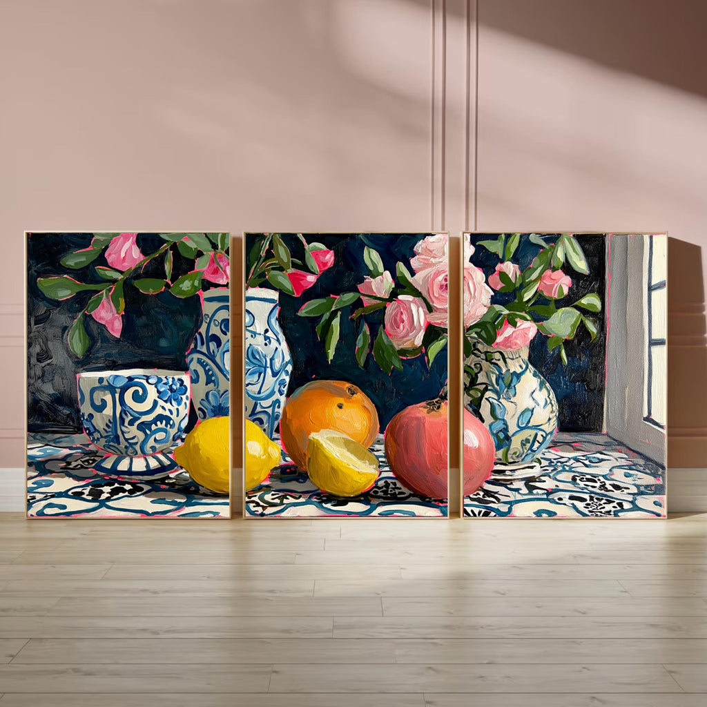 3 Panel Fruit and Floral Wall Art Poster Set – Still Life Prints with Lemons, Oranges, Pomegranate and Pink Flowers in Blue Vases