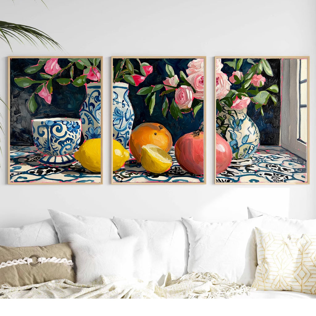 3 Panel Fruit and Floral Wall Art Poster Set – Still Life Prints with Lemons, Oranges, Pomegranate and Pink Flowers in Blue Vases