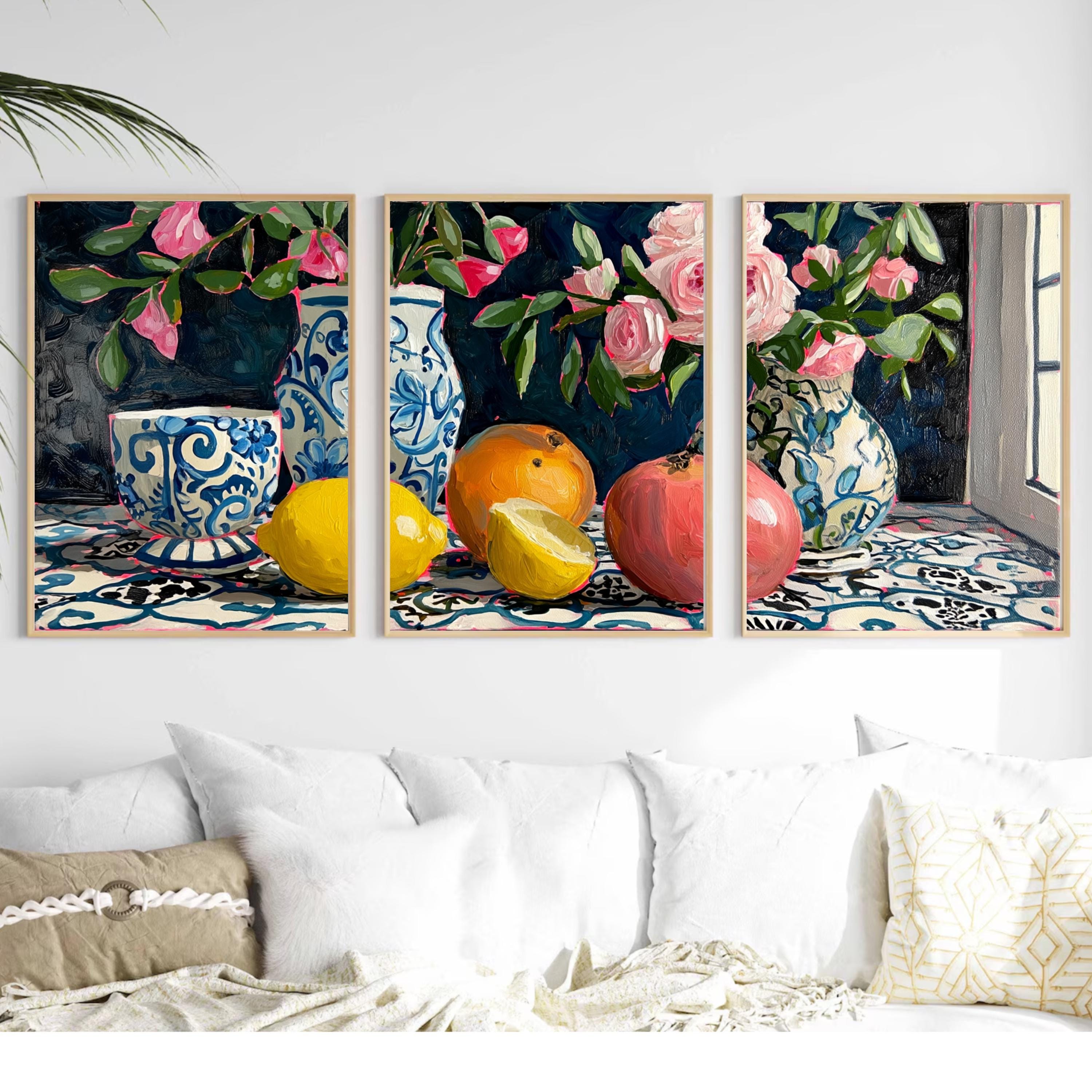3 Panel Fruit and Floral Wall Art Poster Set – Still Life Prints with Lemons, Oranges, Pomegranate and Pink Flowers in Blue Vases