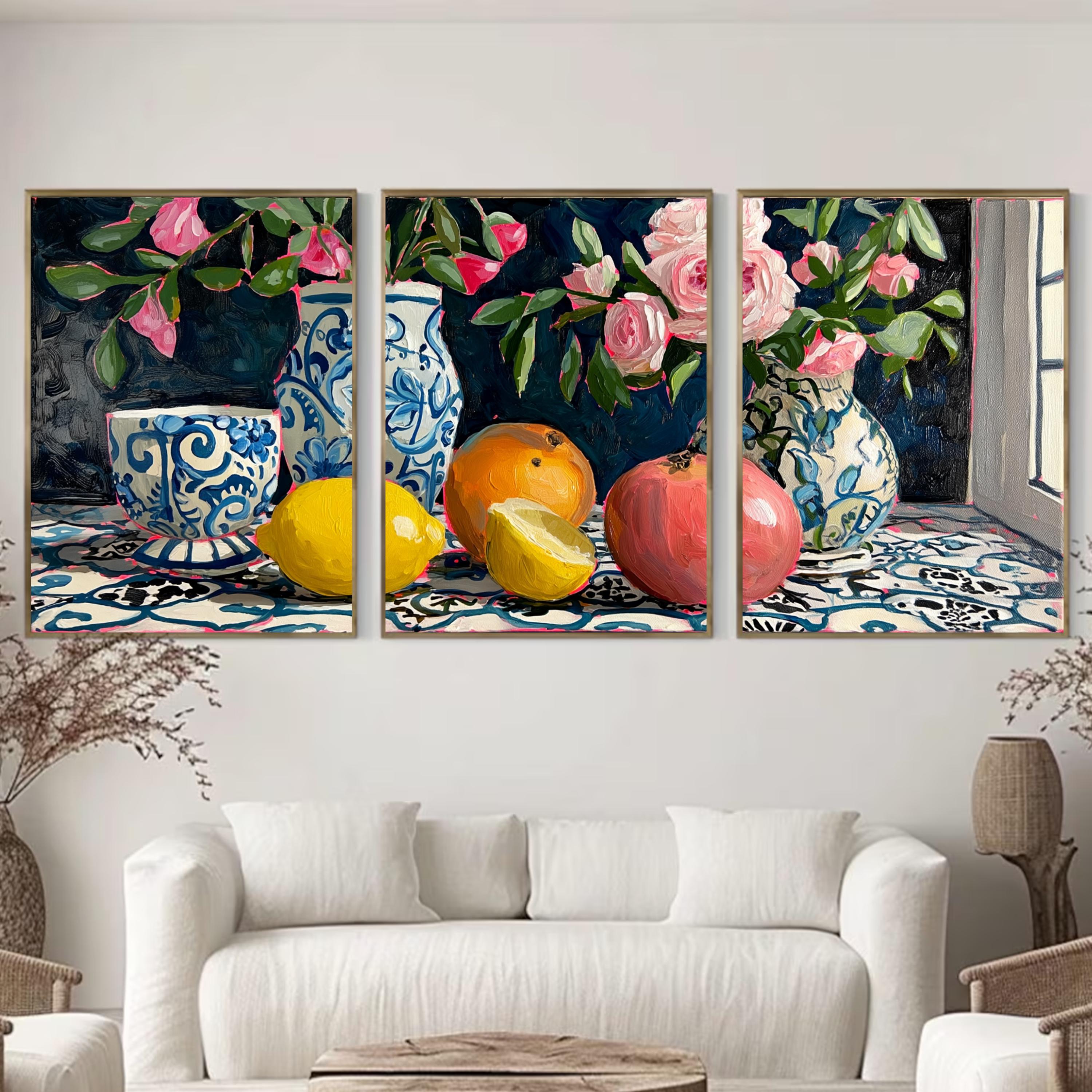 3 Panel Fruit and Floral Wall Art Poster Set – Still Life Prints with Lemons, Oranges, Pomegranate and Pink Flowers in Blue Vases