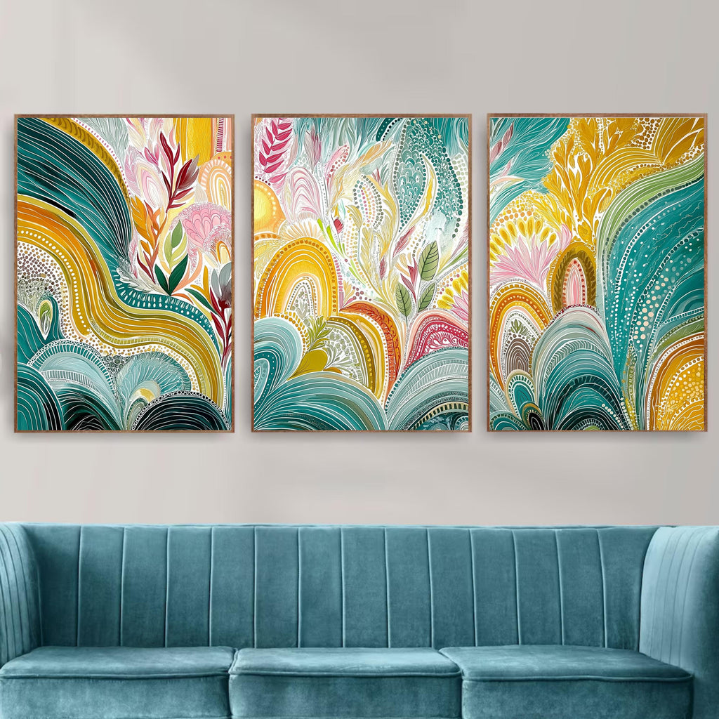 Colorful Aboriginal Abstract Triptych Poster Set, Modern Botanical Wall Art, Vibrant Nature Inspired Prints for Living Room Bedroom Home