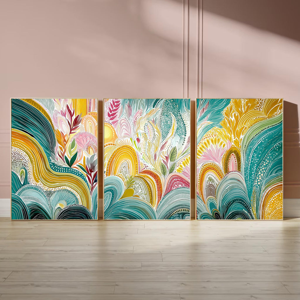 Colorful Aboriginal Abstract Triptych Poster Set, Modern Botanical Wall Art, Vibrant Nature Inspired Prints for Living Room Bedroom Home