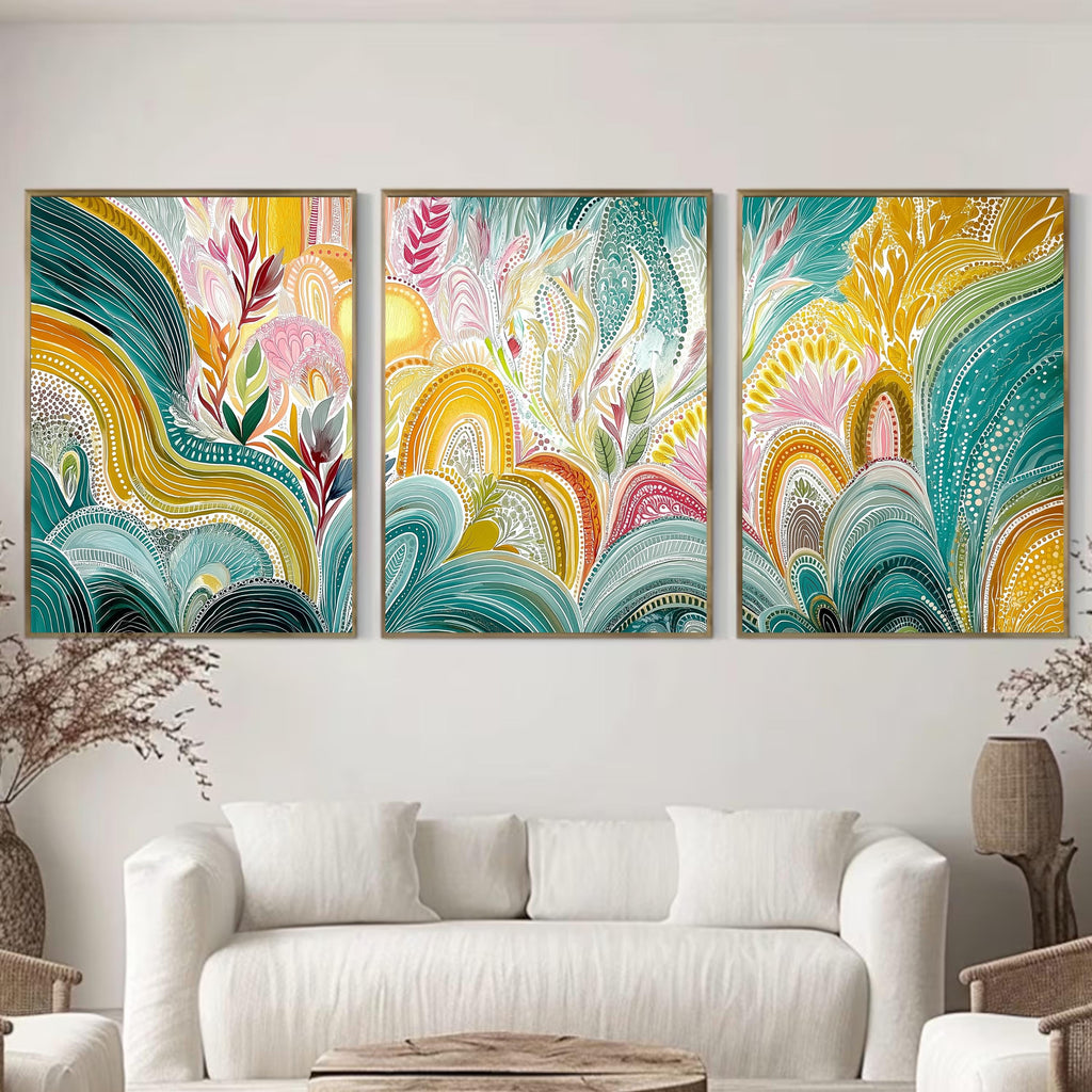Colorful Aboriginal Abstract Triptych Poster Set, Modern Botanical Wall Art, Vibrant Nature Inspired Prints for Living Room Bedroom Home