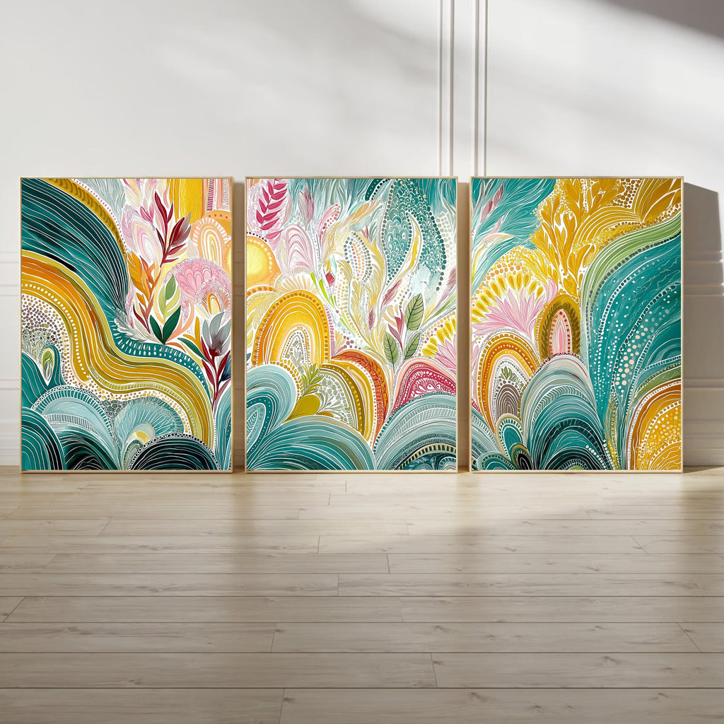 Colorful Aboriginal Abstract Triptych Poster Set, Modern Botanical Wall Art, Vibrant Nature Inspired Prints for Living Room Bedroom Home