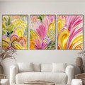 Aboriginal Inspired Triptych Poster Set, Colorful Botanical Wall Art, Pink and Yellow Contemporary Prints for Living Room Bedroom Decor