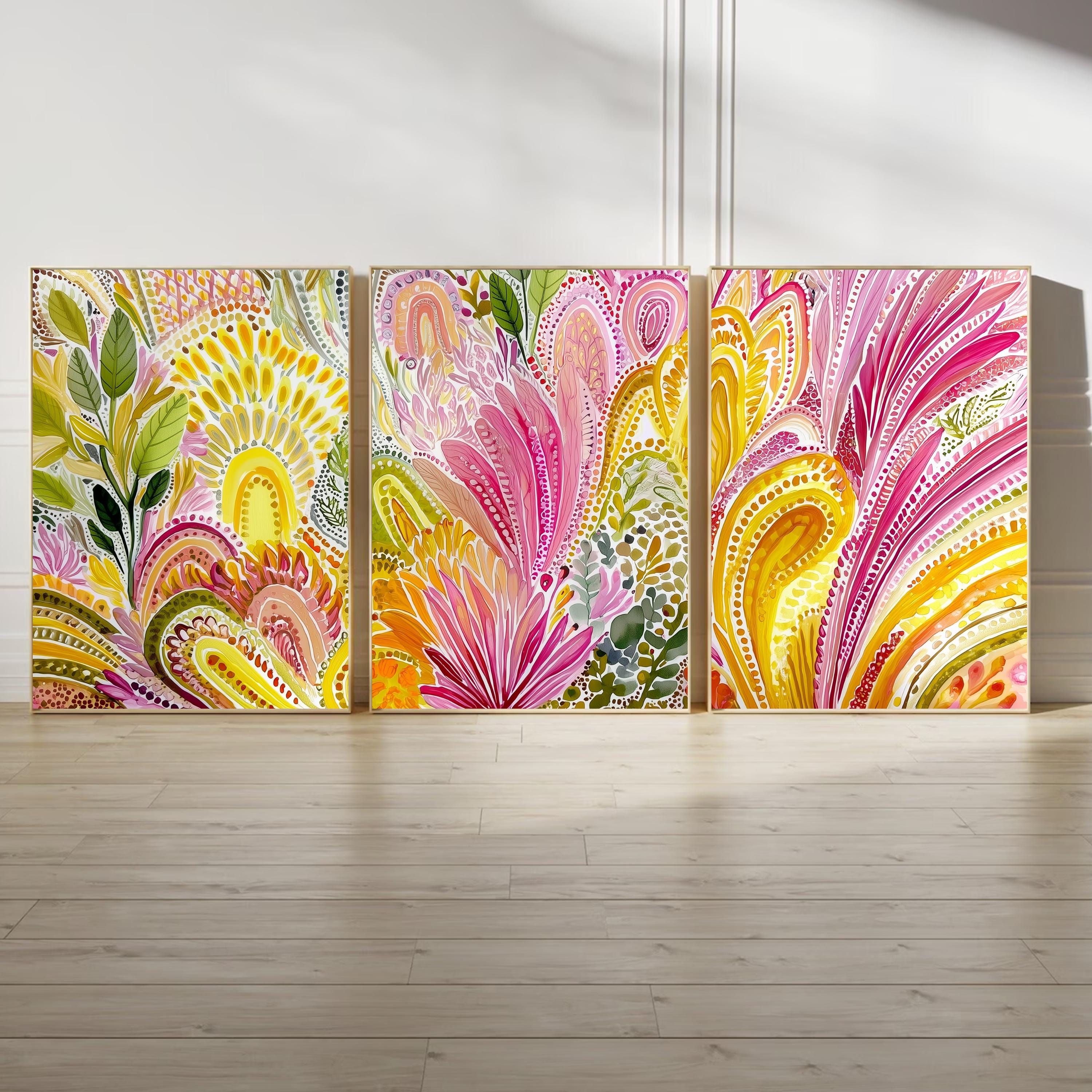 Aboriginal Inspired Triptych Poster Set, Colorful Botanical Wall Art, Pink and Yellow Contemporary Prints for Living Room Bedroom Decor