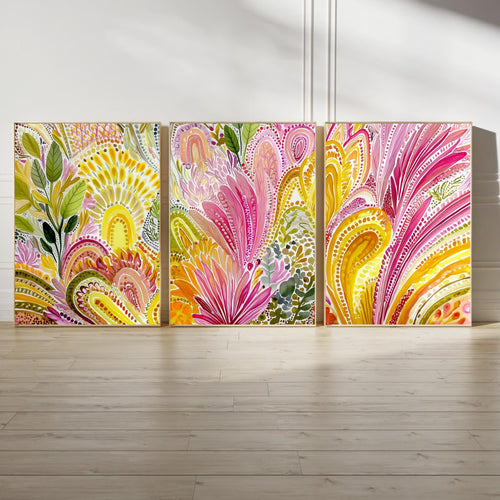 Aboriginal Inspired Triptych Poster Set, Colorful Botanical Wall Art, Pink and Yellow Contemporary Prints for Living Room Bedroom Decor