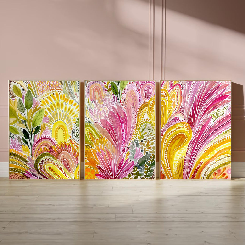 Aboriginal Inspired Triptych Poster Set, Colorful Botanical Wall Art, Pink and Yellow Contemporary Prints for Living Room Bedroom Decor