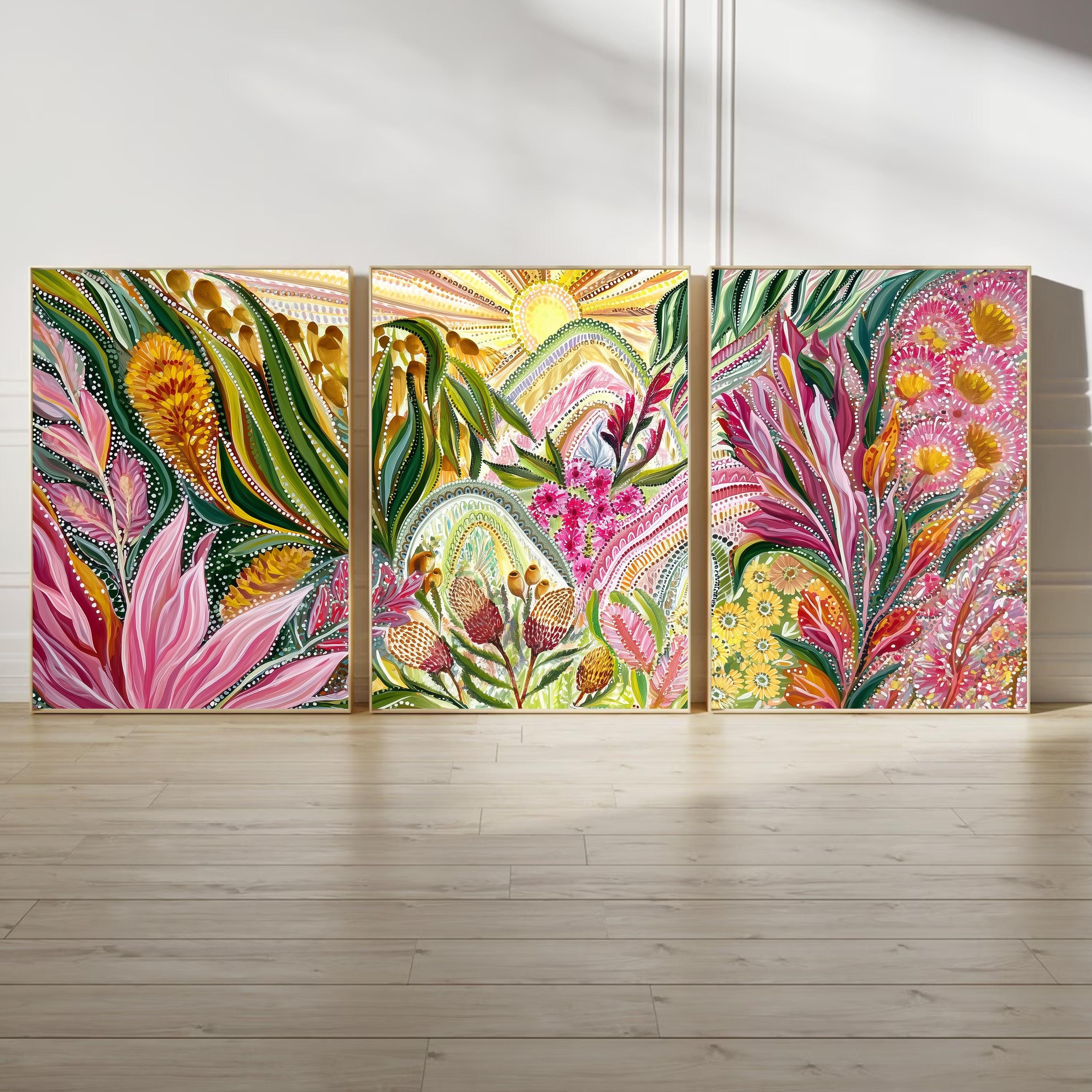 Botanical Triptych Poster Set, Aboriginal Inspired Floral Wall Art, Colorful Nature Prints with Australian Native Flowers for Home Decor