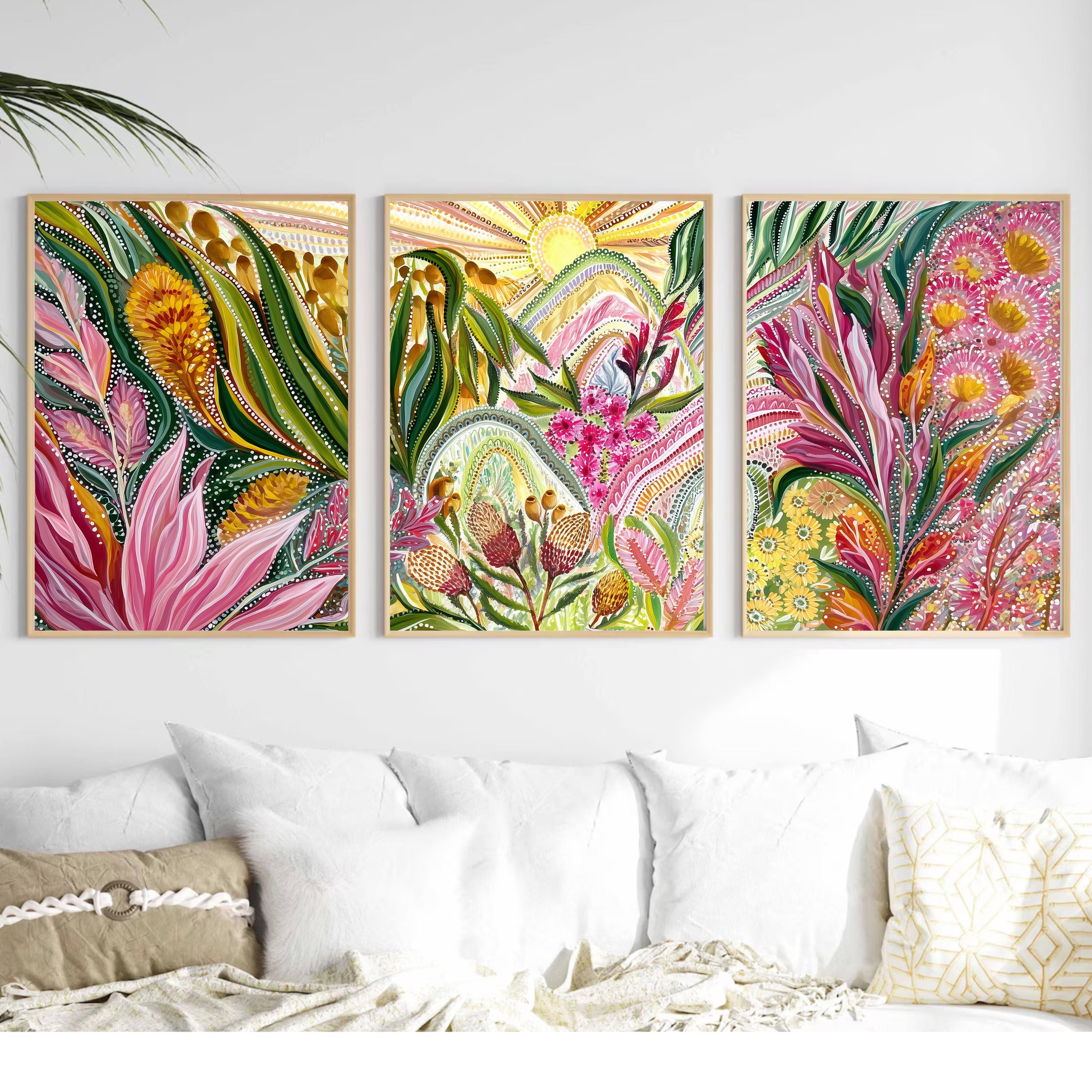 Botanical Triptych Poster Set, Aboriginal Inspired Floral Wall Art, Colorful Nature Prints with Australian Native Flowers for Home Decor