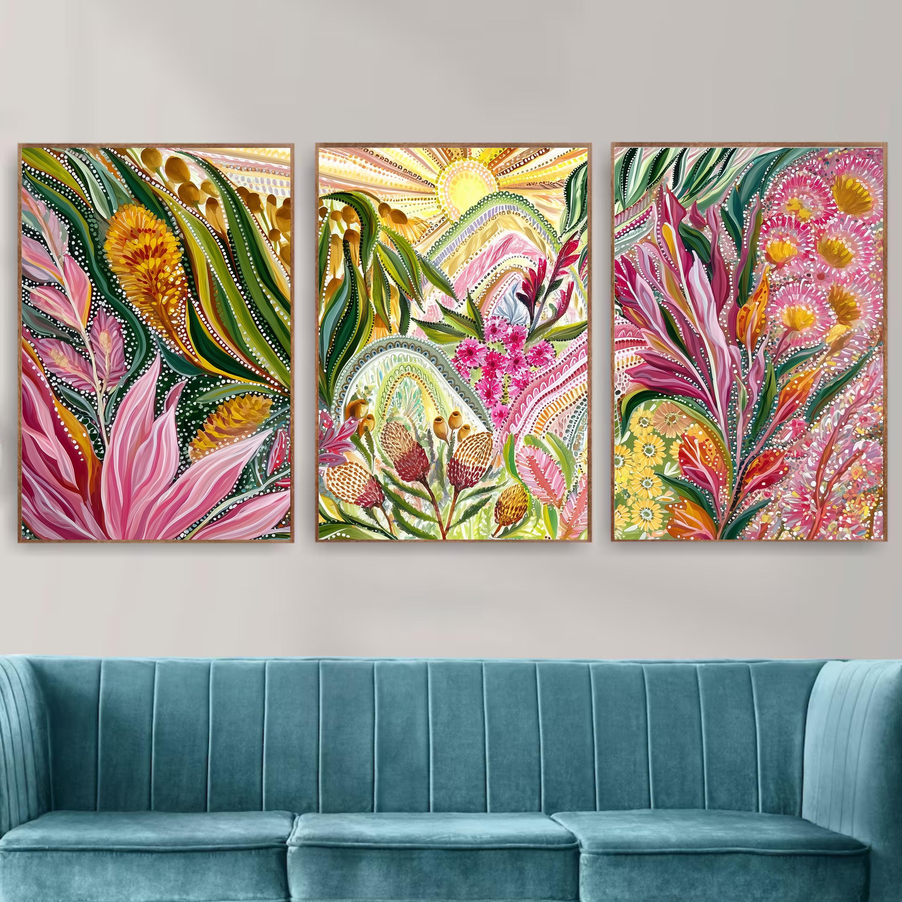 Botanical Triptych Poster Set, Aboriginal Inspired Floral Wall Art, Colorful Nature Prints with Australian Native Flowers for Home Decor