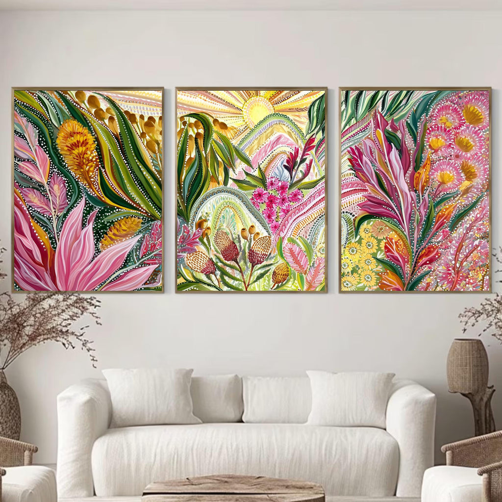 Botanical Triptych Poster Set, Aboriginal Inspired Floral Wall Art, Colorful Nature Prints with Australian Native Flowers for Home Decor